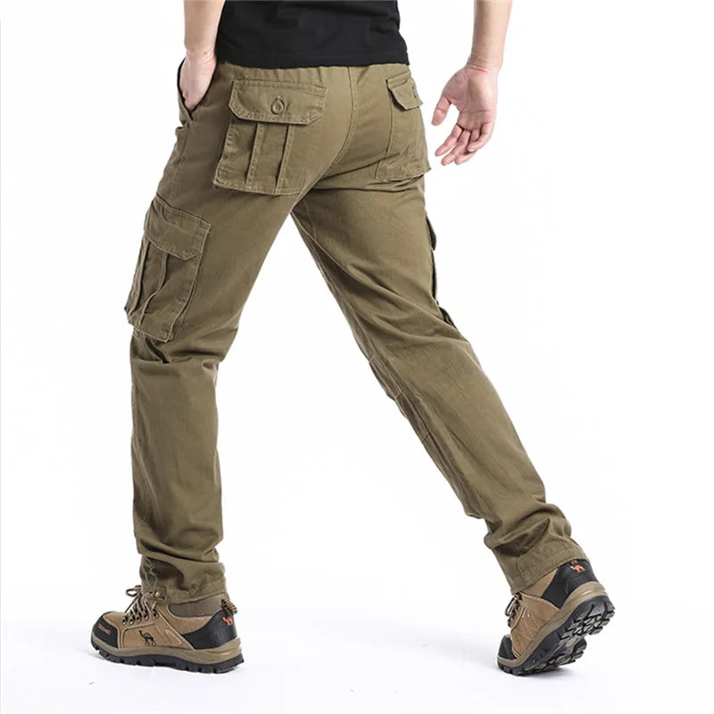 Large Pocket Loose Overalls Men's Outdoor Sports Jogging Tactical Pants Elastic Waist Pure Cotton Casual Work Pants