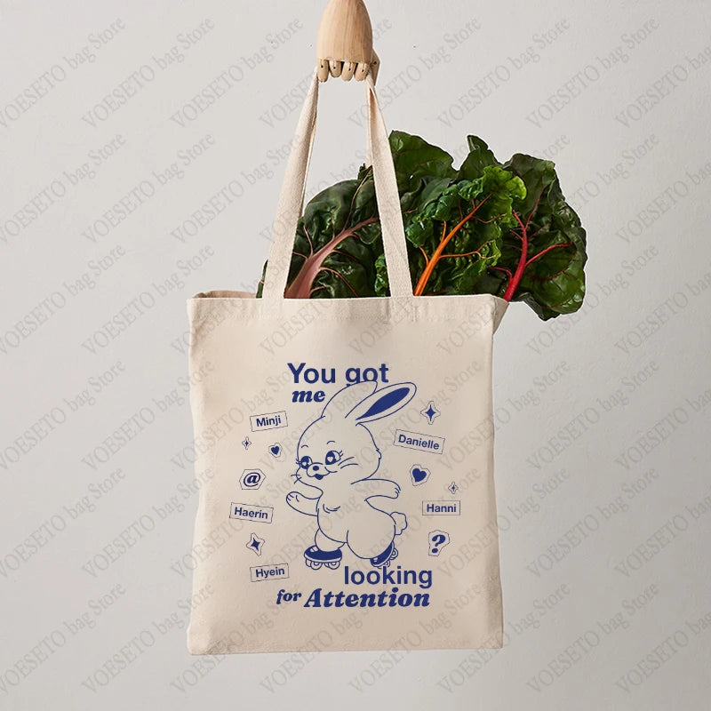 You Get Me Looking for Attention Pattern Tote Bag Rabbit Canvas Handbag