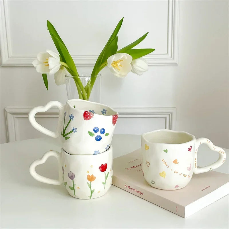 350ml Creative Ceramic Coffee Mug Ins Style Hand Painted Floral Hearts