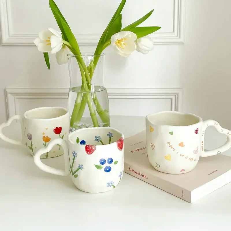 350ml Creative Ceramic Coffee Mug Ins Style Hand Painted Floral Hearts